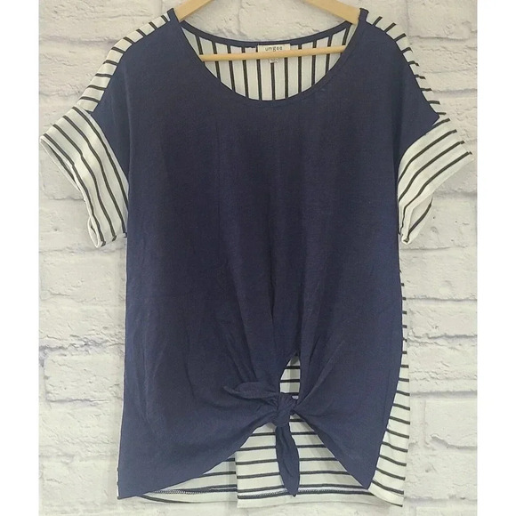 Umgee Tie Front Contrast Top Blouse Women's Small Navy Blue White Stripes - Picture 1 of 5